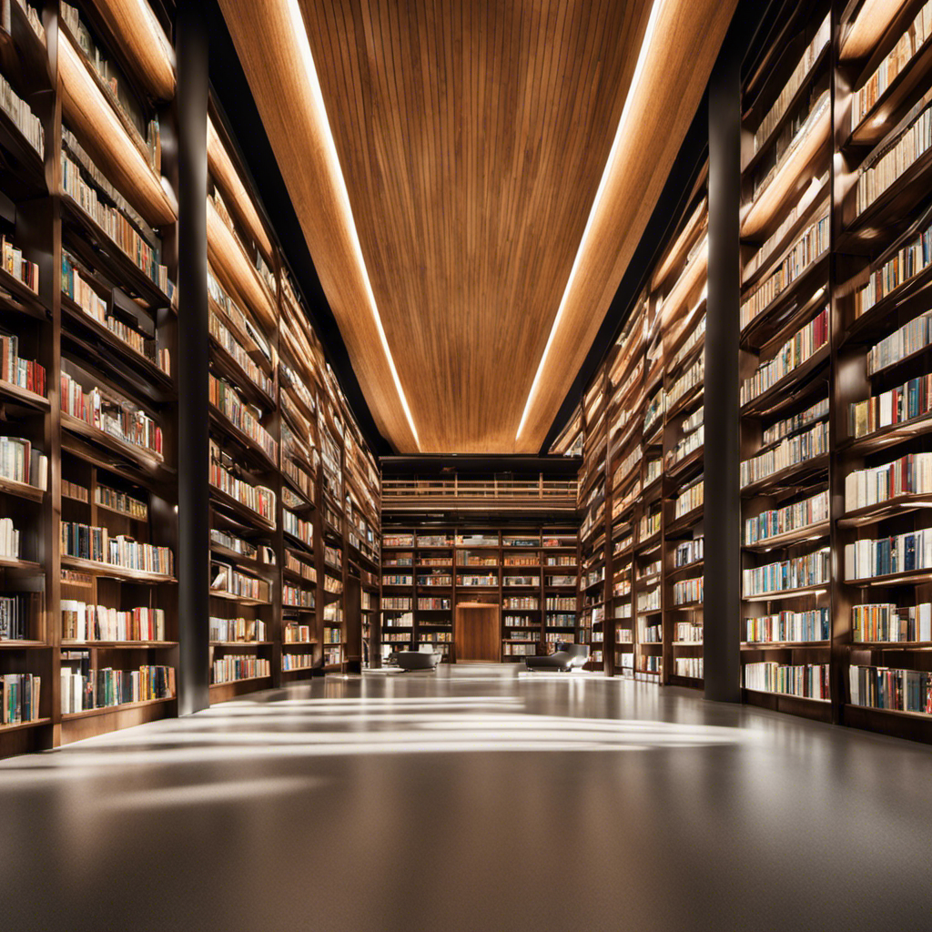An image of a sleek, modern library with rows of towering bookshelves filled with scientific journals, encyclopedias, and technical manuals