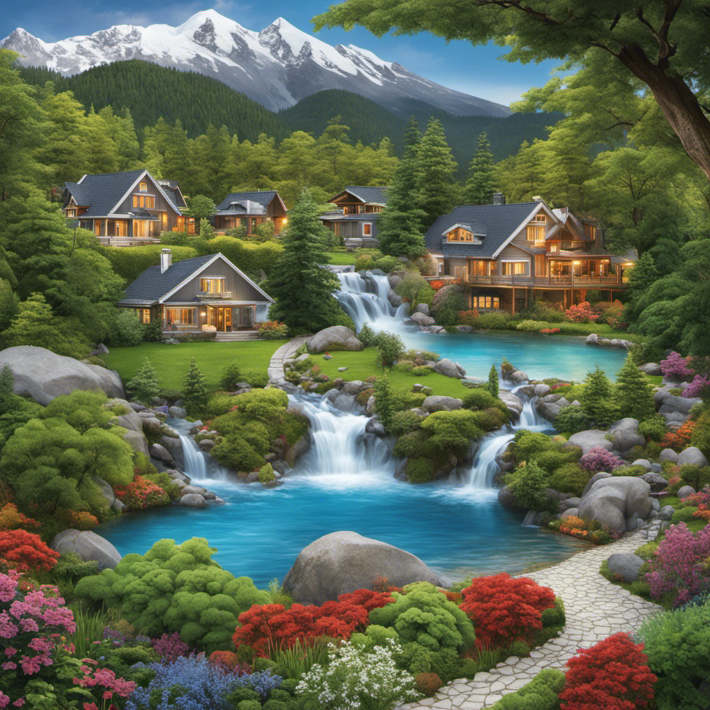 An image showcasing a diverse landscape with houses nestled amidst lush greenery and snow-capped mountains, highlighting the unique geothermal energy systems