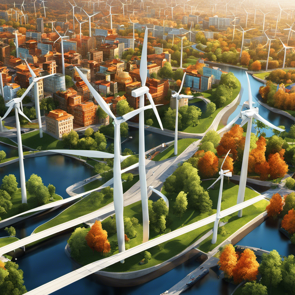 An image showcasing a vibrant cityscape with wind turbines and solar panels seamlessly integrated into buildings and infrastructure