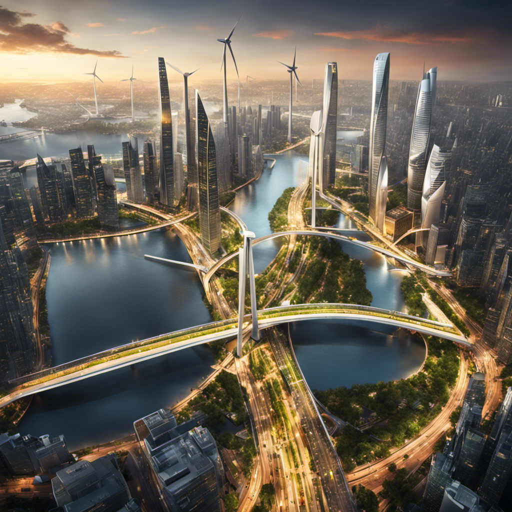An image showing a bustling cityscape with skyscrapers fitted with solar panels, wind turbines integrated into bridges, and electric buses navigating futuristic roads, exemplifying a harmonious blend of renewable energy sources within existing urban infrastructure