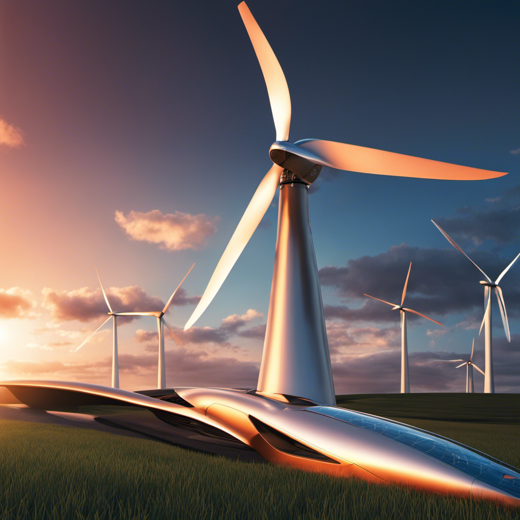 An image showcasing a sleek and futuristic wind turbine design, featuring aerodynamic blades with intricate curves, a sophisticated monitoring system, and a vibrant color palette that captures innovation in renewable energy