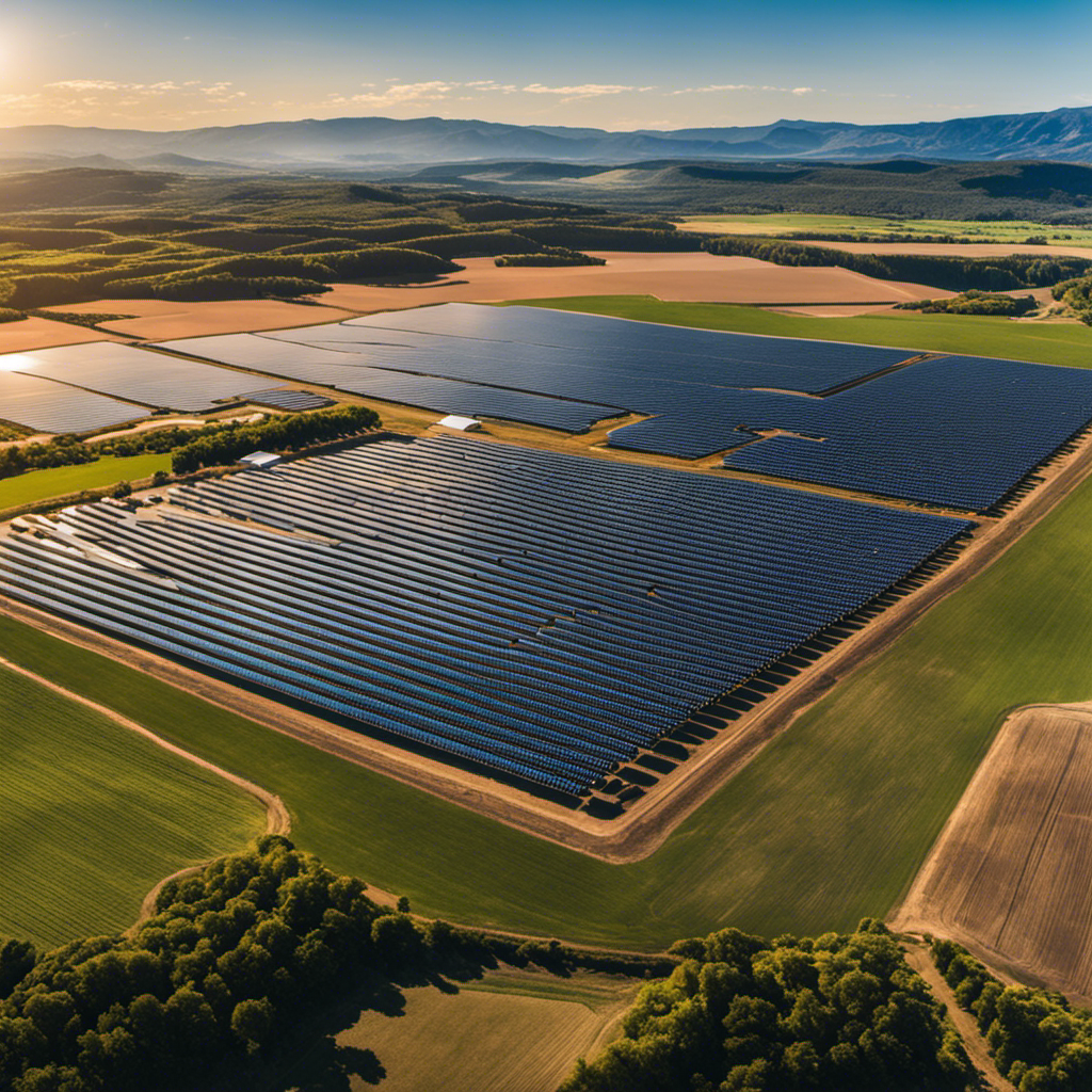 An image showcasing a vast solar farm with rows of sleek, high-efficiency solar panels glistening under the bright sun, surrounded by cutting-edge energy storage systems and advanced monitoring technology