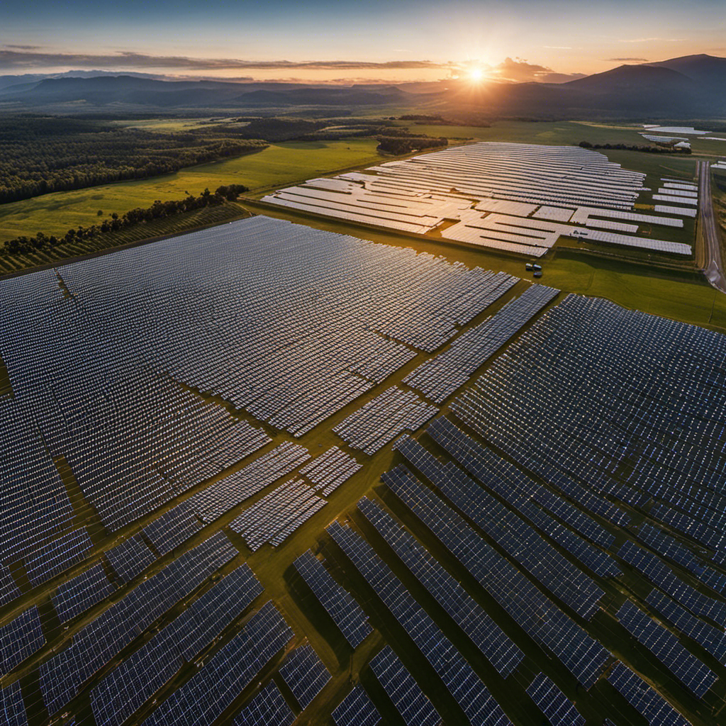 An image showcasing a vast solar farm at sunrise, with rows of sleek, state-of-the-art solar panels glistening in the morning light, surrounded by cutting-edge technology and advanced monitoring systems
