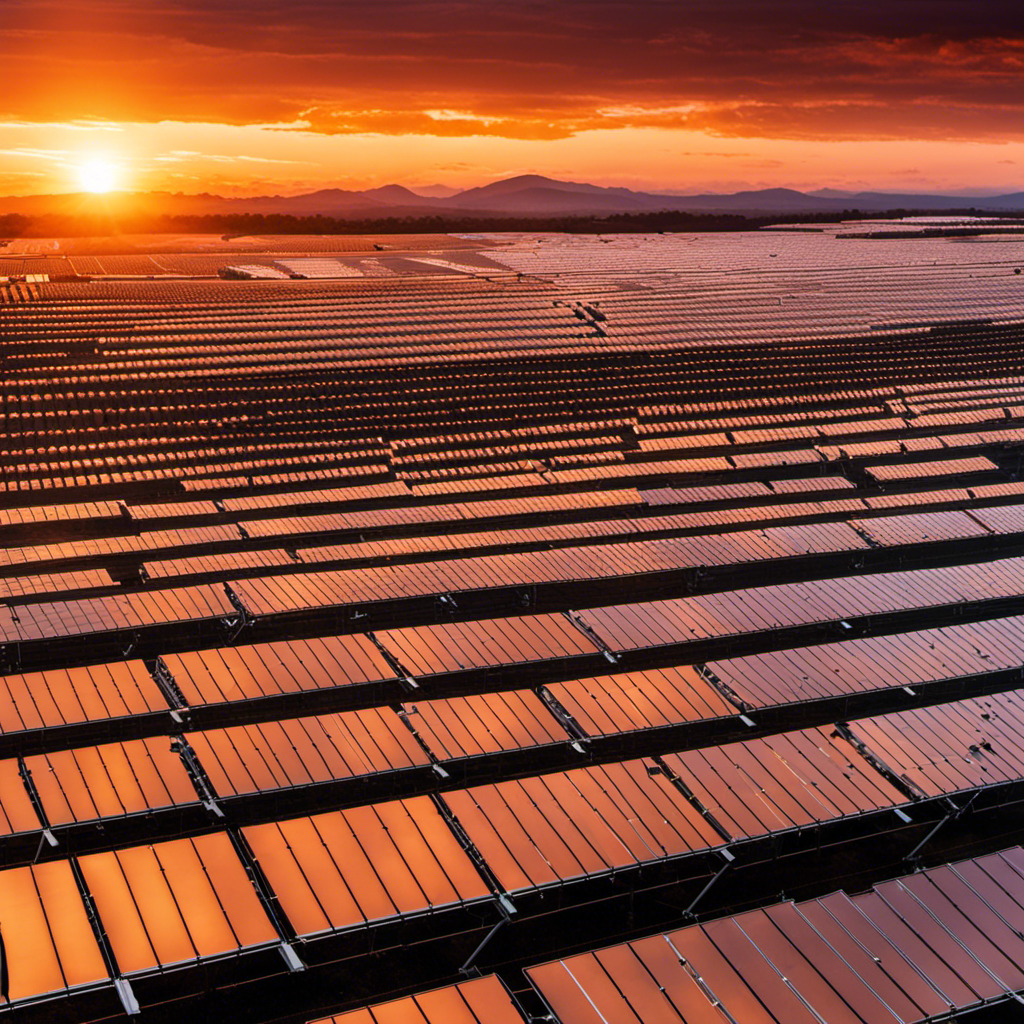 An image showcasing a sprawling solar farm at sunset, with rows of gleaming solar panels reflecting the vibrant orange hues of the sky
