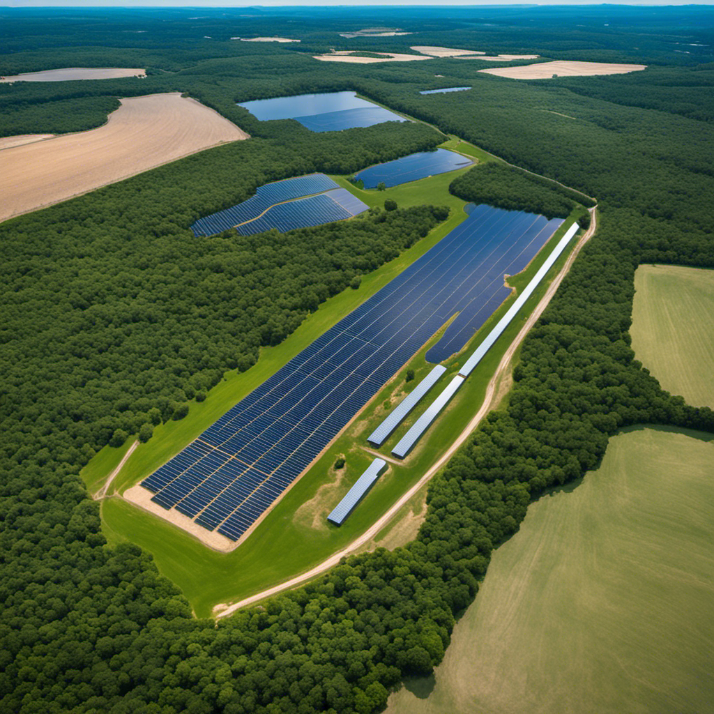 An image showcasing a modern solar farm nestled in a lush landscape, effortlessly blending with nature