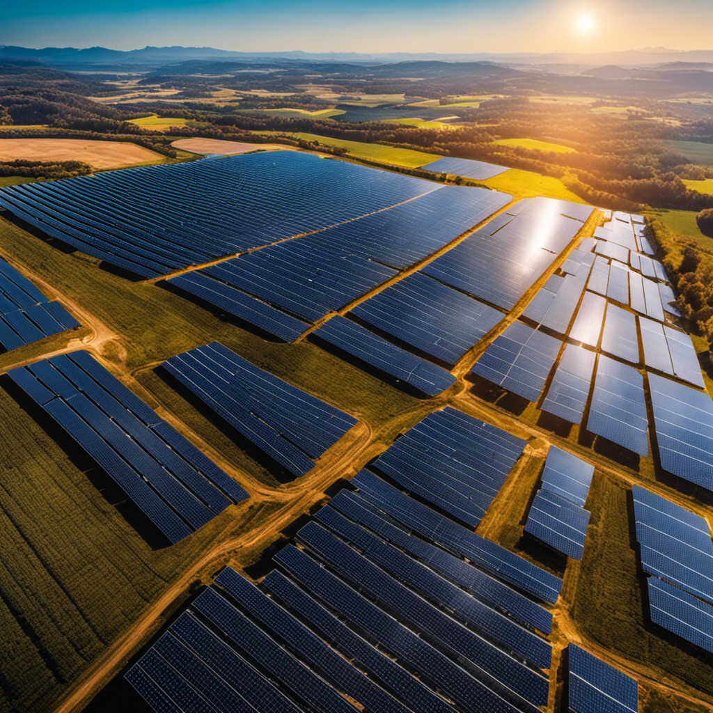 An image showcasing a vast solar farm landscape, with rows of meticulously aligned solar panels glistening under the vibrant sun