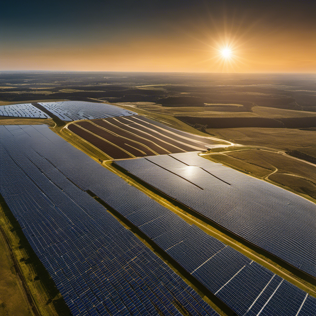 An image showcasing a futuristic solar farm with rows of sleek, sun-soaked panels stretching towards the horizon