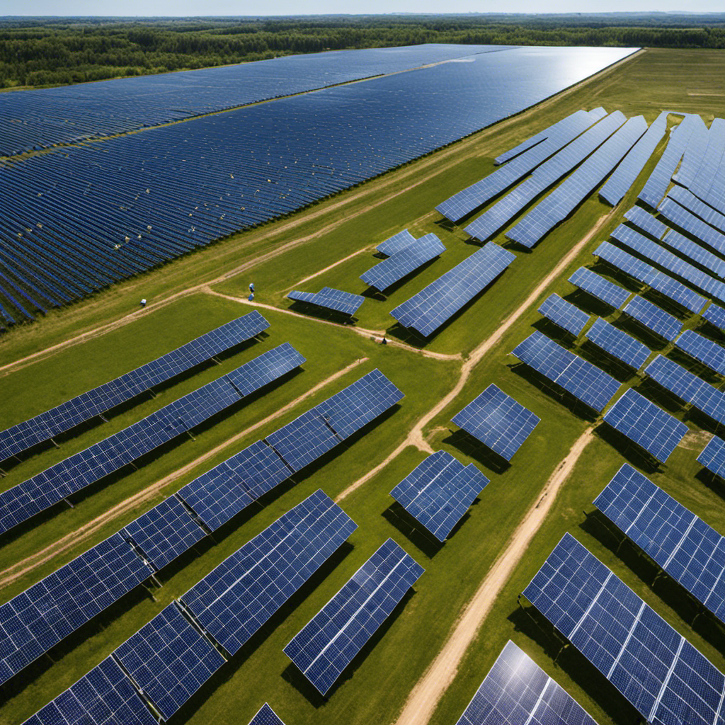 An image depicting a sprawling solar farm, with rows of photovoltaic panels glistening under a clear blue sky