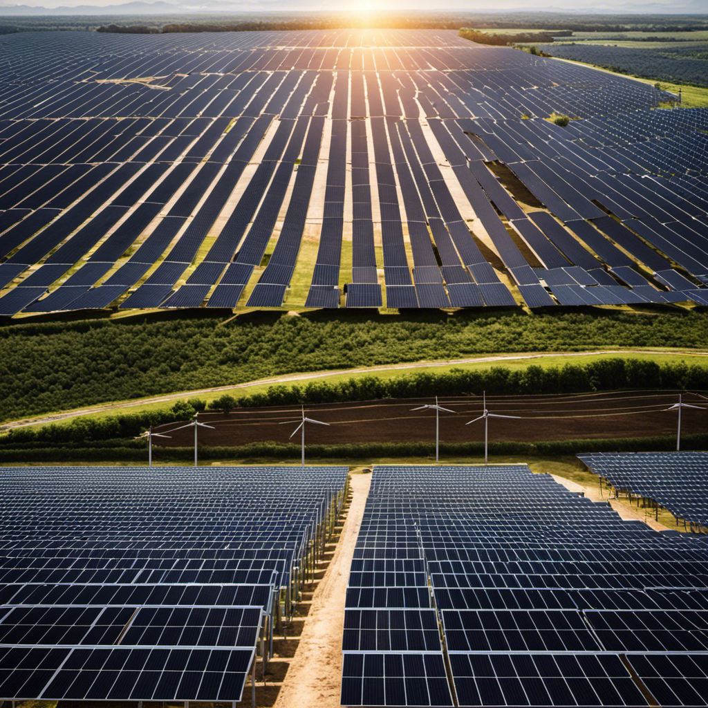 An image showcasing a solar farm with rows of gleaming solar panels stretching into the horizon, while a technician diligently inspects equipment, symbolizing the insightful guide to solar farm reporting and advancements