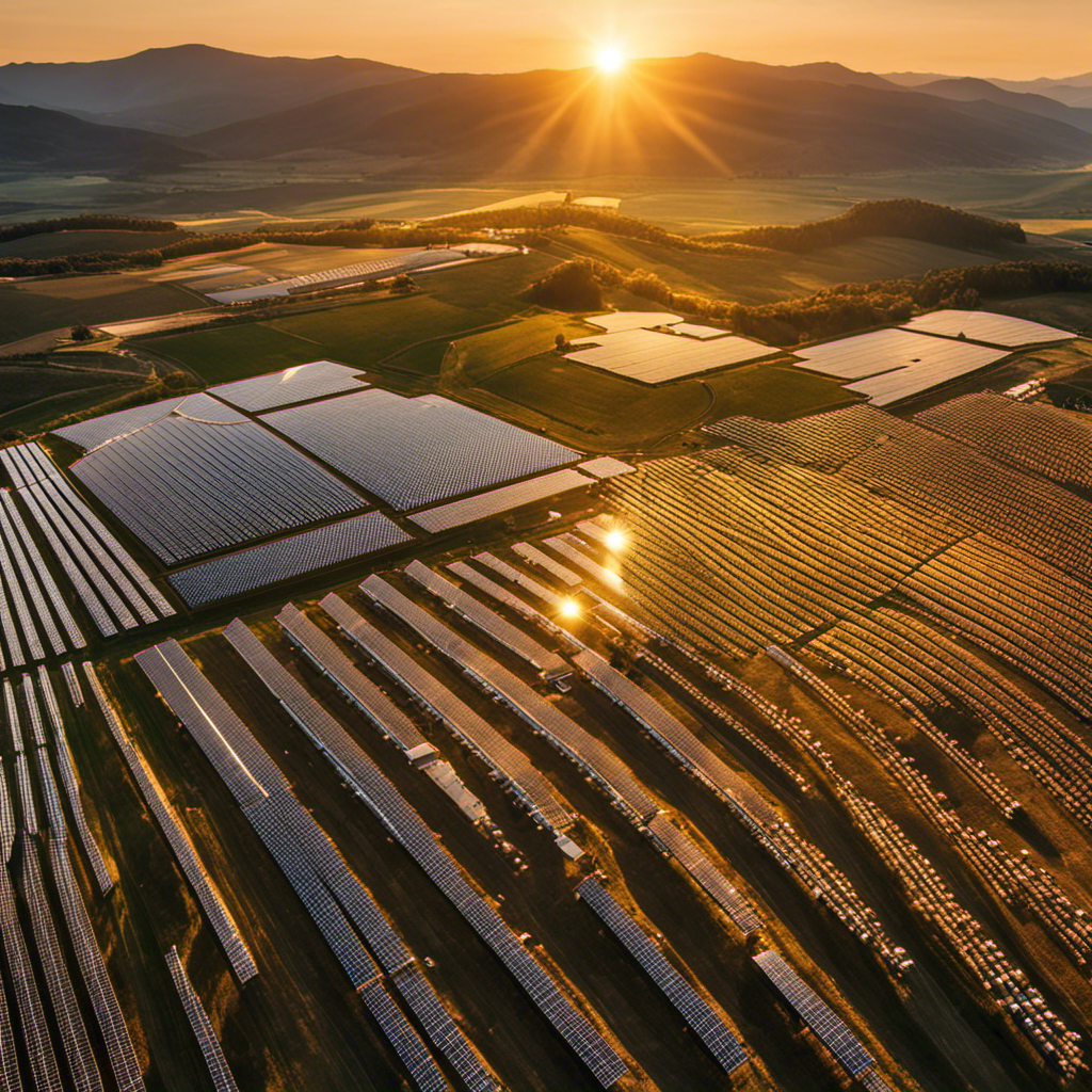 An image depicting a sprawling solar farm at sunset, with rows of meticulously aligned solar panels glistening in the golden light, showcasing the harmonious blend of advanced technology and sustainable energy practices