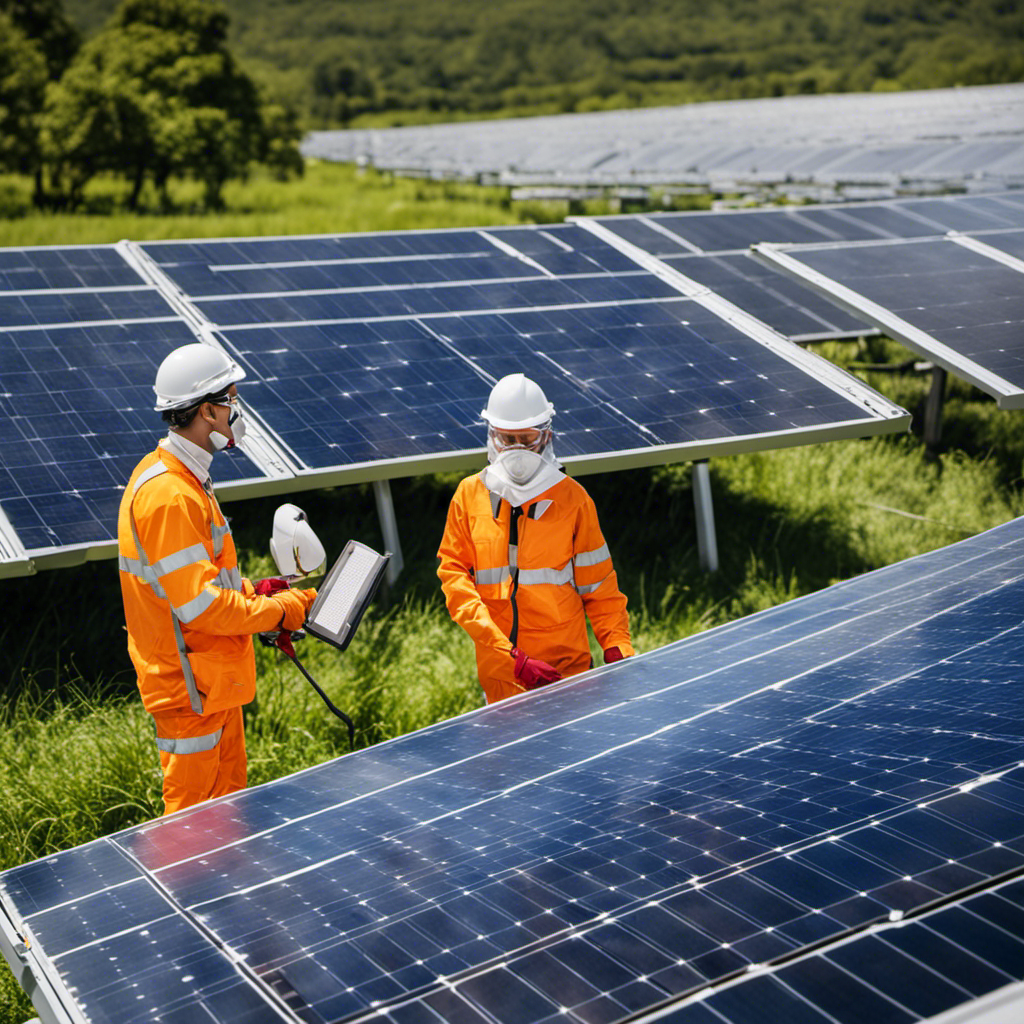 An image showcasing a serene solar farm landscape, with technicians wearing protective gear while conducting maintenance tasks, displaying advanced safety protocols