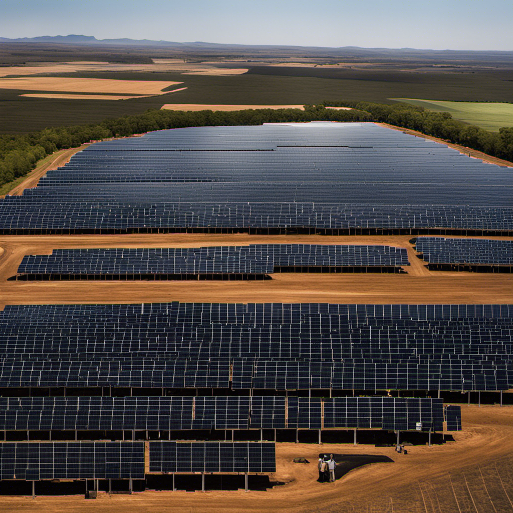 An image showcasing a cutting-edge solar farm, where rows of sleek, high-efficiency solar panels stretch towards the horizon