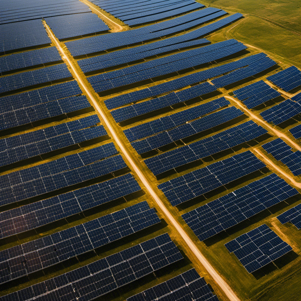 An image showcasing a vast solar farm stretching across a sunlit landscape, with rows of gleaming solar panels reflecting a radiant glow, symbolizing the potential for profit and sustainability alongside the inherent risks in investing in solar energy