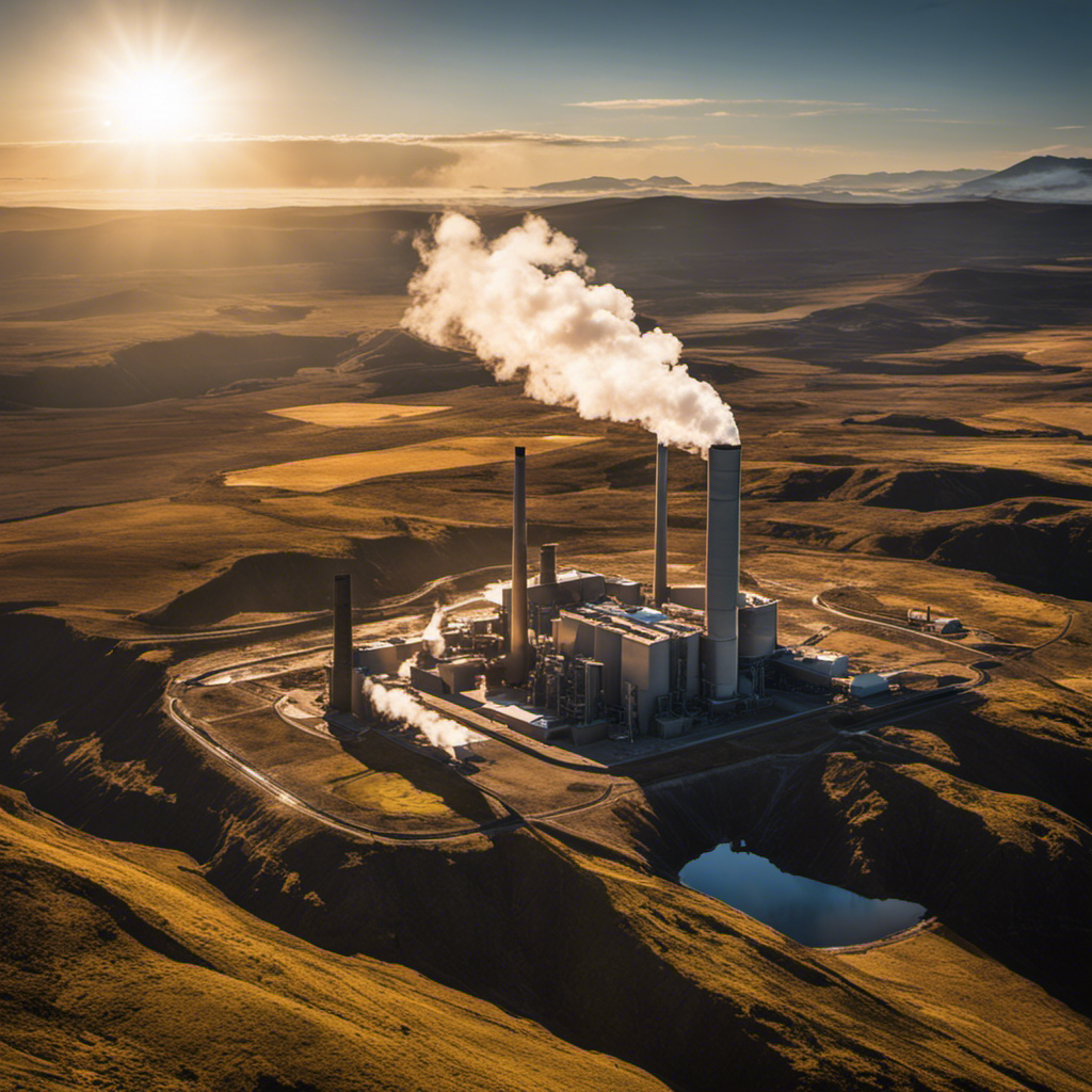 An image showing a serene geothermal power plant nestled in a volcanic landscape