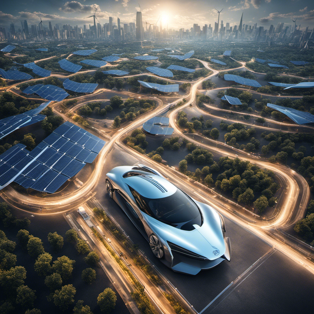 An image showcasing a bustling city with sleek, futuristic hydrogen-powered cars silently gliding through the streets, juxtaposed against a backdrop of wind turbines and solar panels, symbolizing the debate between hydrogen fuel and electric power