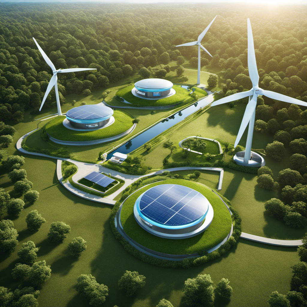 An image showcasing a lush, green landscape with clean, blue skies, a hydrogen fuel station nestled amidst wind turbines and solar panels, emphasizing the sustainable nature of hydrogen fuel cells