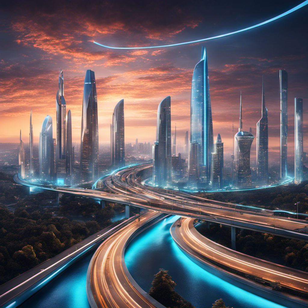 An image showcasing a futuristic city skyline, with sleek hydrogen-powered vehicles gliding along illuminated highways