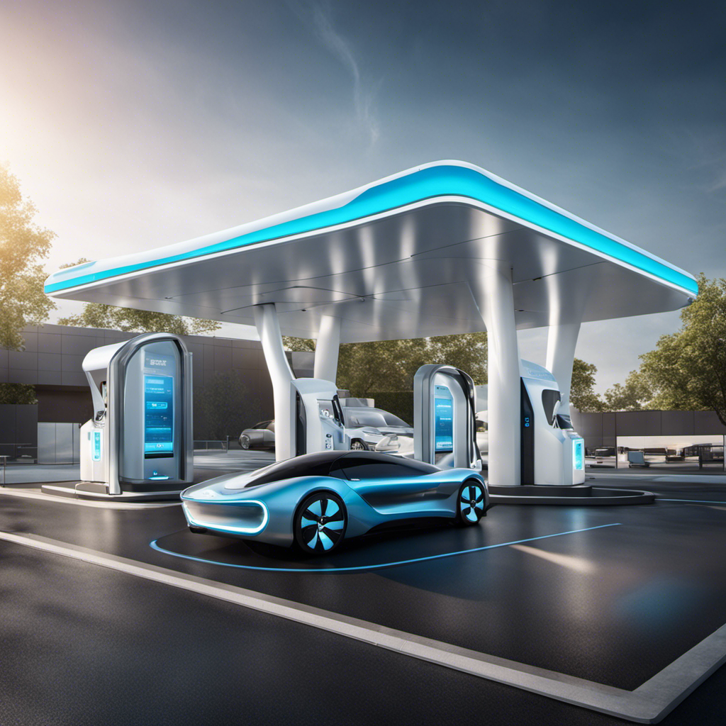 An image showcasing a futuristic hydrogen fuel station, with sleek hydrogen-powered vehicles being refueled, emphasizing safety measures like advanced ventilation systems, reinforced infrastructure, and emergency response stations