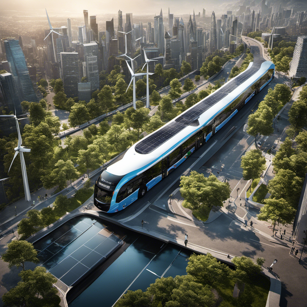 An image showcasing a bustling city with hydrogen-powered buses seamlessly gliding along the streets, surrounded by wind turbines and solar panels, emphasizing the renewable nature of hydrogen fuel