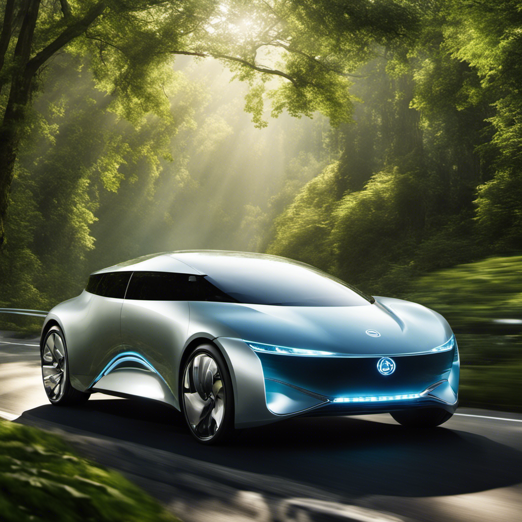 An image showcasing a gleaming, futuristic hydrogen fuel cell vehicle cruising smoothly on a picturesque road, surrounded by lush greenery, emitting nothing but clean water vapor from its tailpipe
