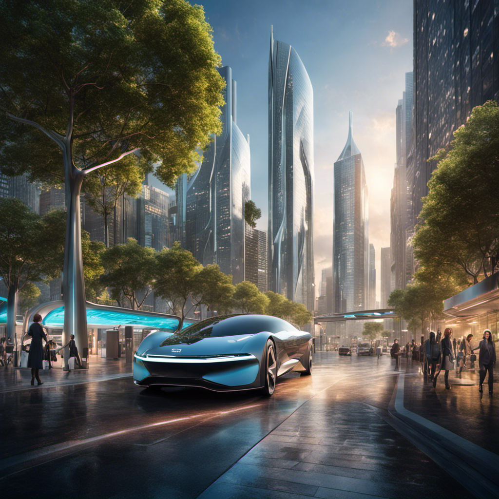 An image showcasing a futuristic cityscape, with sleek hydrogen-powered vehicles gliding silently along tree-lined streets