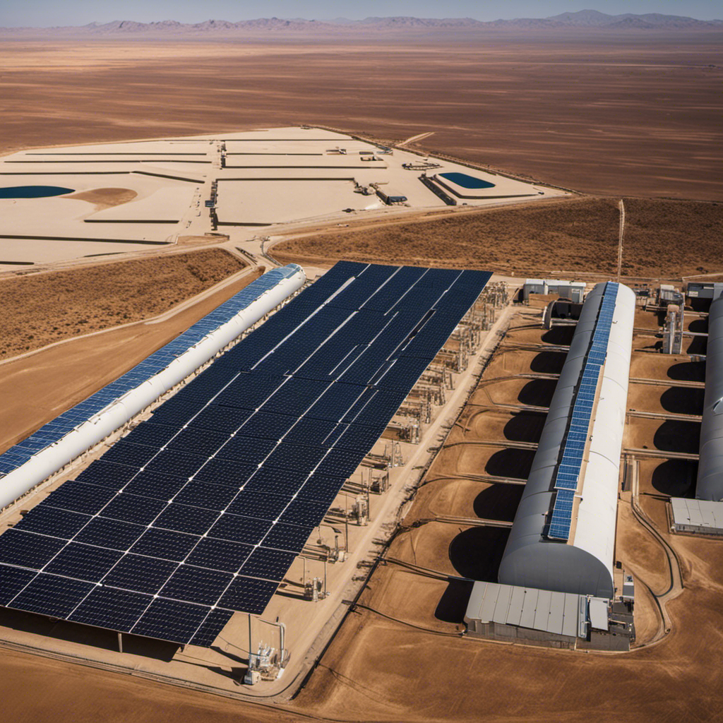 An image showing a solar panel system with a desalination plant in the background