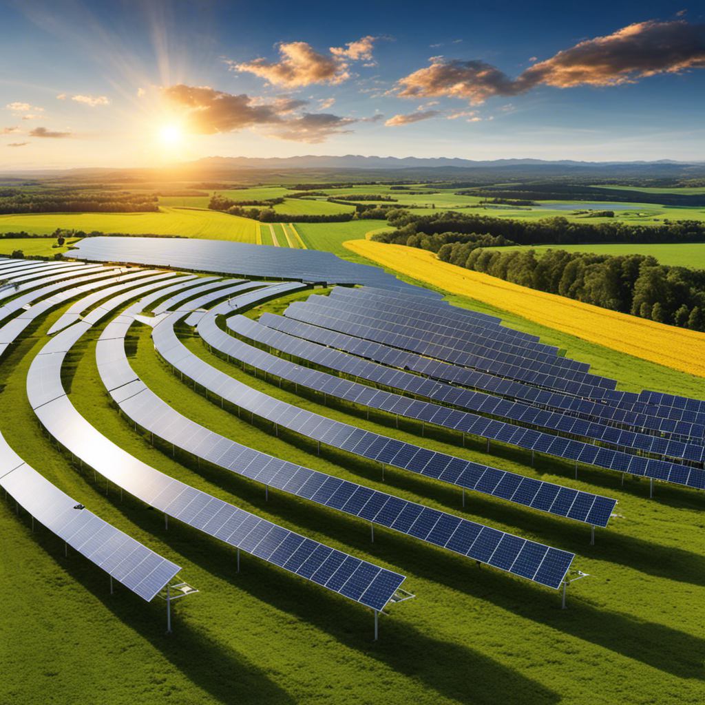 An image showcasing the vibrant landscape of a solar farm, with rows of sleek solar panels stretching towards the horizon