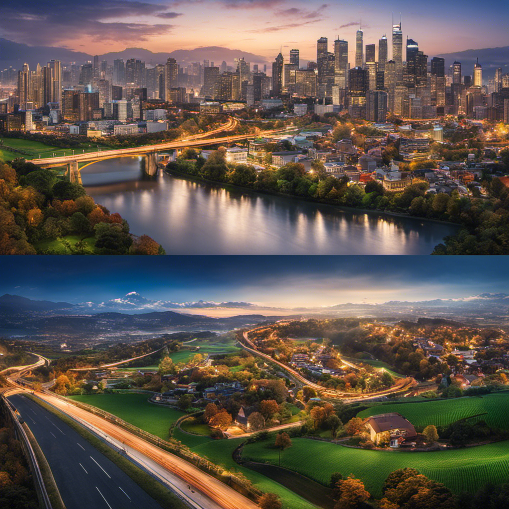 An image showcasing two contrasting landscapes: one representing a bustling city with skyscrapers and highways, the other a serene countryside with rolling hills and small farms