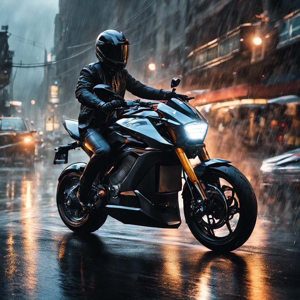 An image capturing the intense focus of a rider maneuvering a sleek electric motorcycle through a rain-soaked city street, raindrops creating a mesmerizing dance in the headlights' glow