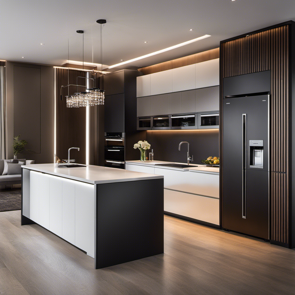 An image showcasing a modern, sleek kitchen with a state-of-the-art, energy-efficient freezer seamlessly integrated