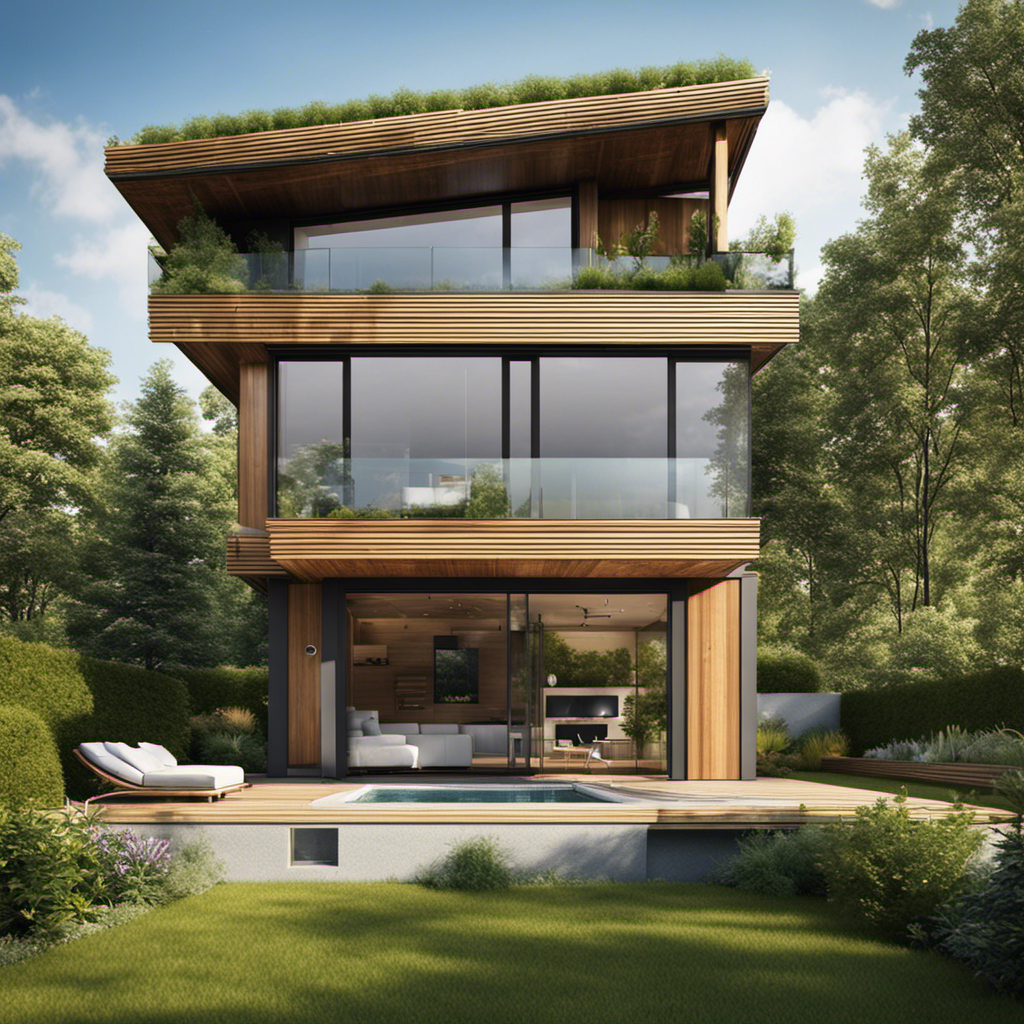 An image that showcases a modern, eco-friendly home with solar panels on the roof, double-glazed windows, insulation, and a green garden surrounding it, demonstrating the concept of energy efficiency through retrofitting