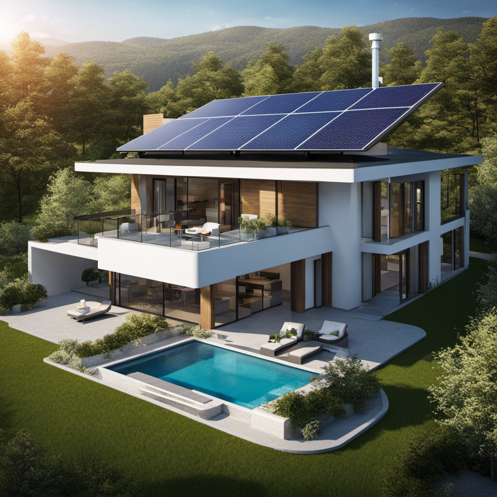 An image showcasing a residential property with a sleek, modern design, featuring a hybrid solar and wind system