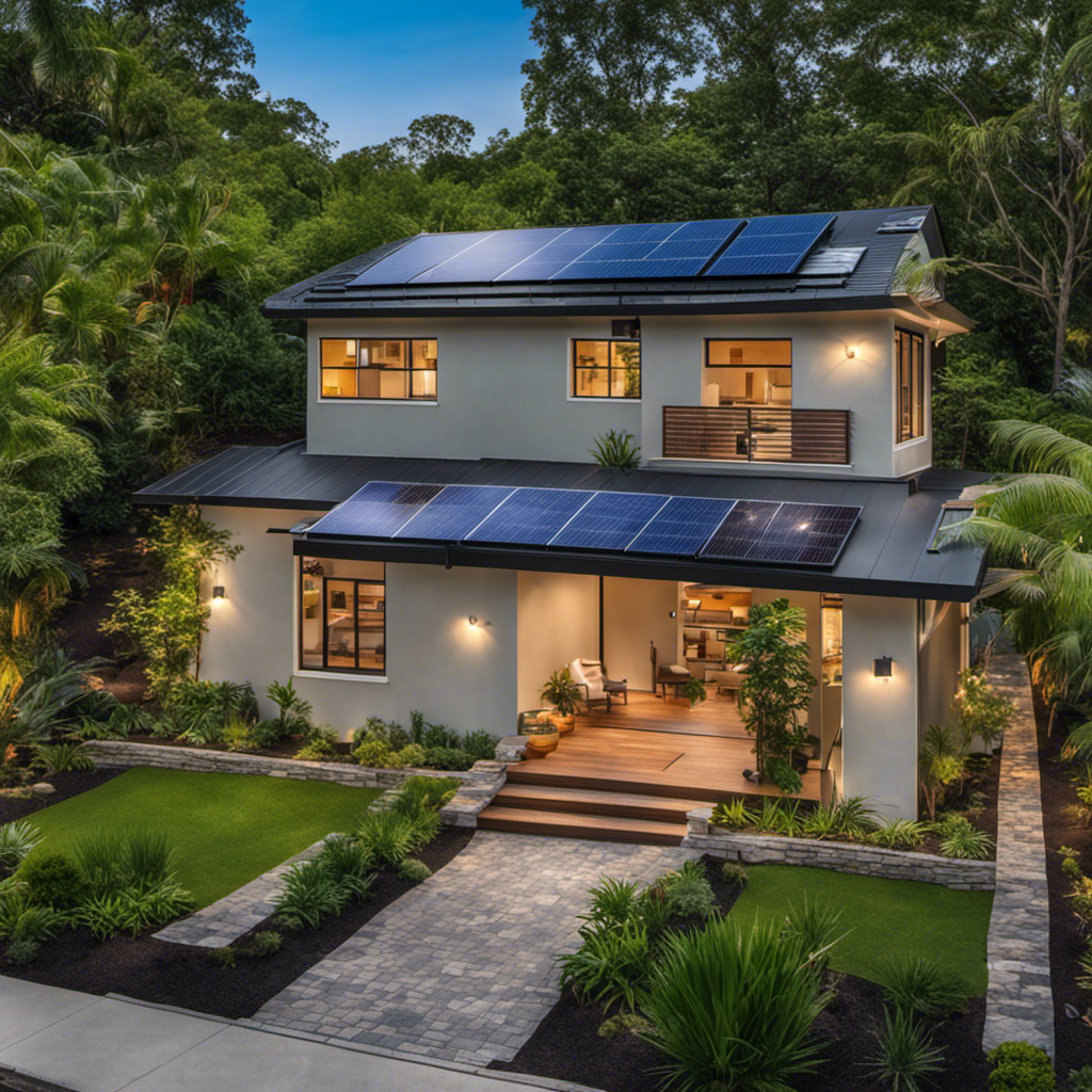 An image showcasing a beautifully renovated home with solar panels on the roof, energy-efficient windows, lush green landscaping, and rainwater harvesting system, highlighting the perfect blend of sustainability and increased home value