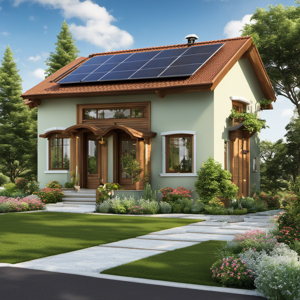 An image showcasing a well-insulated house with solar panels on the roof, rainwater collection barrels, energy-efficient appliances, and a lush green garden irrigated with drip irrigation, highlighting the benefits of maximizing home water and energy efficiency