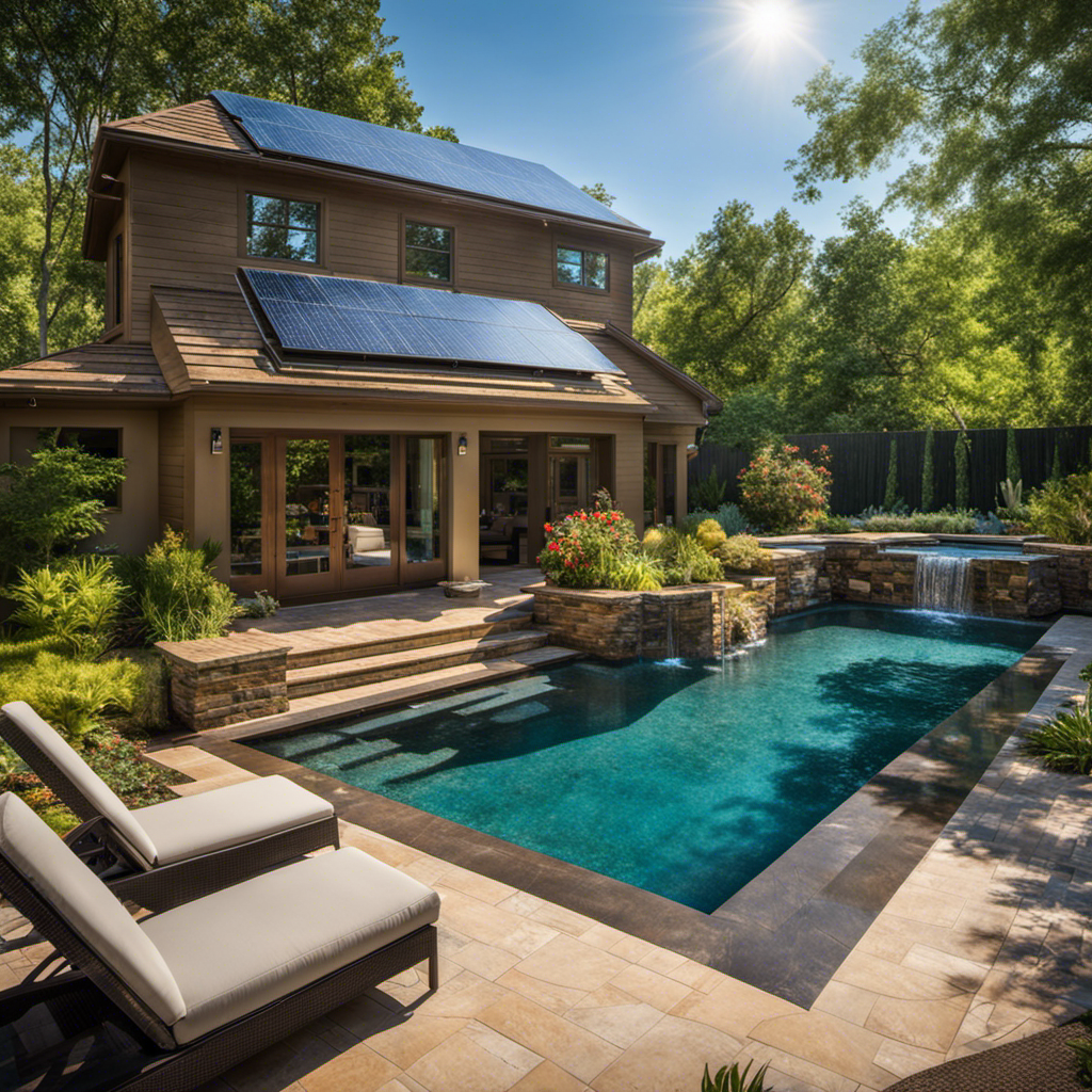 An image showcasing a crystal-clear, sun-drenched pool nestled in a lush backyard oasis