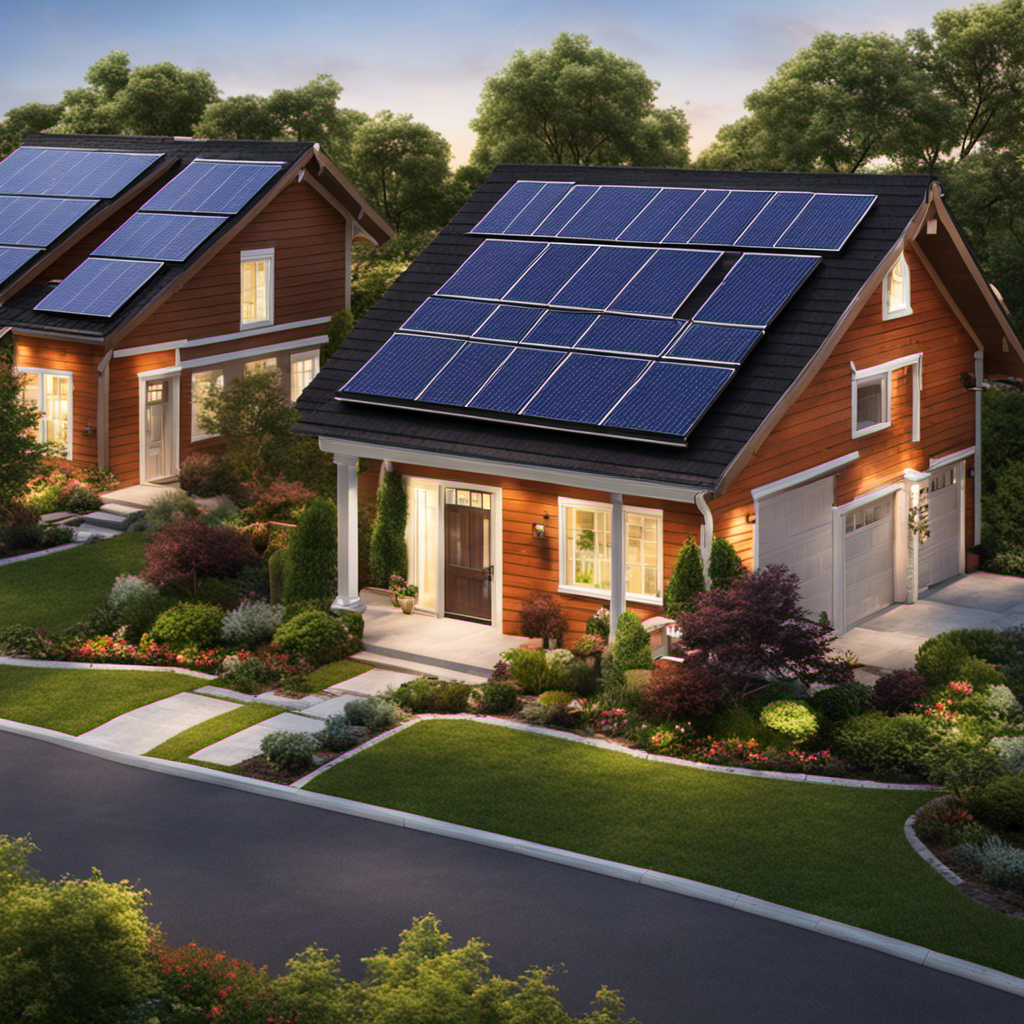 An image showcasing a picturesque suburban neighborhood radiating with solar-powered rental homes