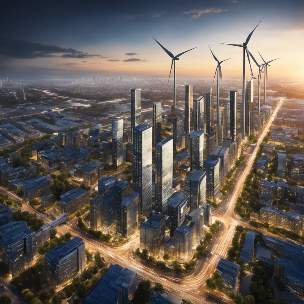 An image that showcases the potential of renewable energy by depicting a modern cityscape, dotted with sleek and efficient rooftop wind turbines, gracefully harnessing the power of the wind