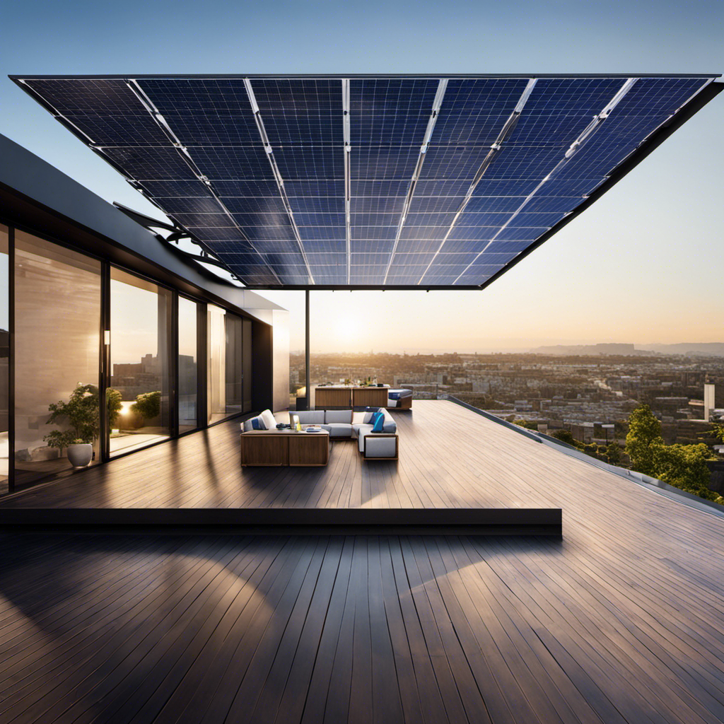 An image showcasing a sunlit rooftop adorned with sleek, high-efficiency solar panels, seamlessly integrated into the architecture