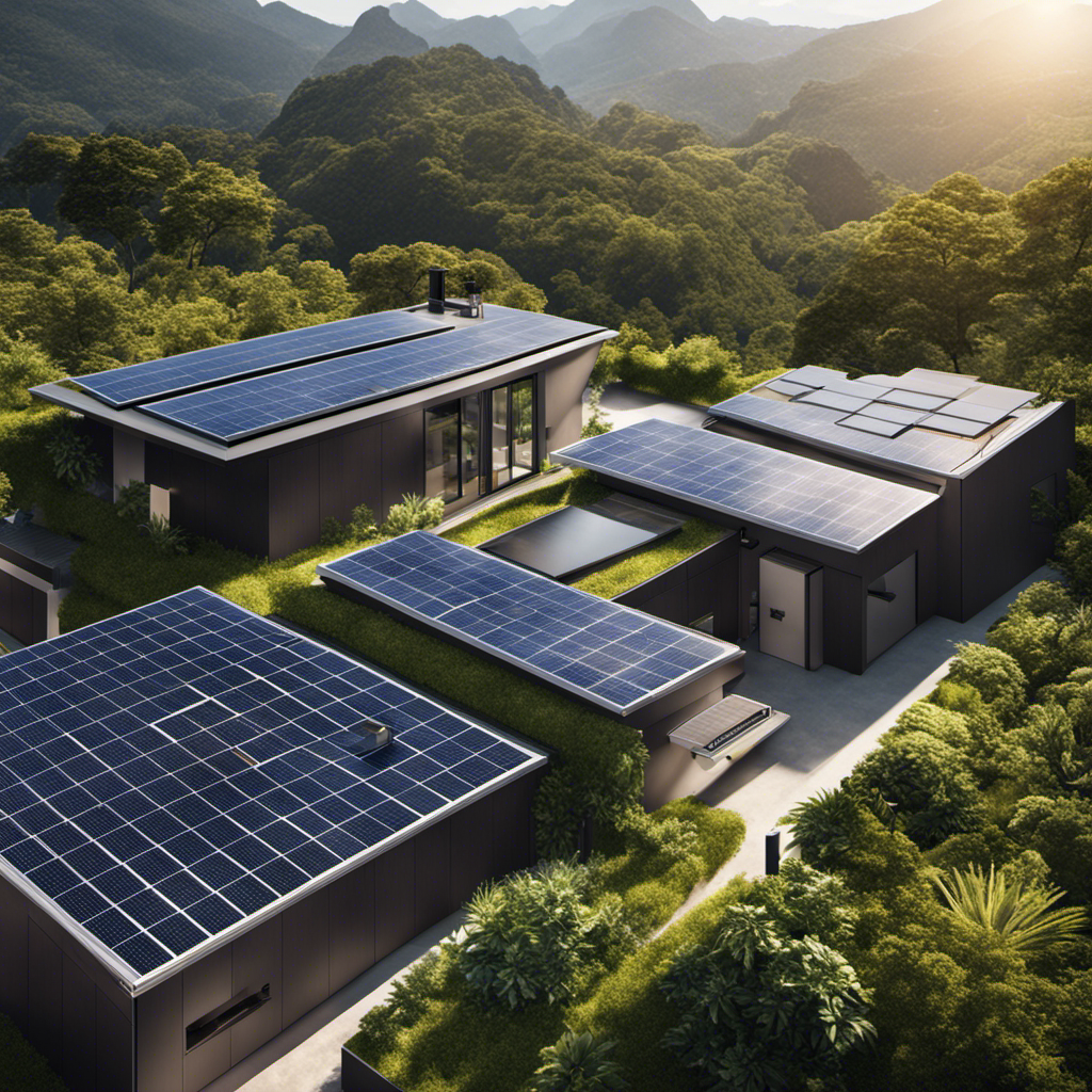 An image showcasing a sunlit rooftop with solar panels, surrounded by lush greenery