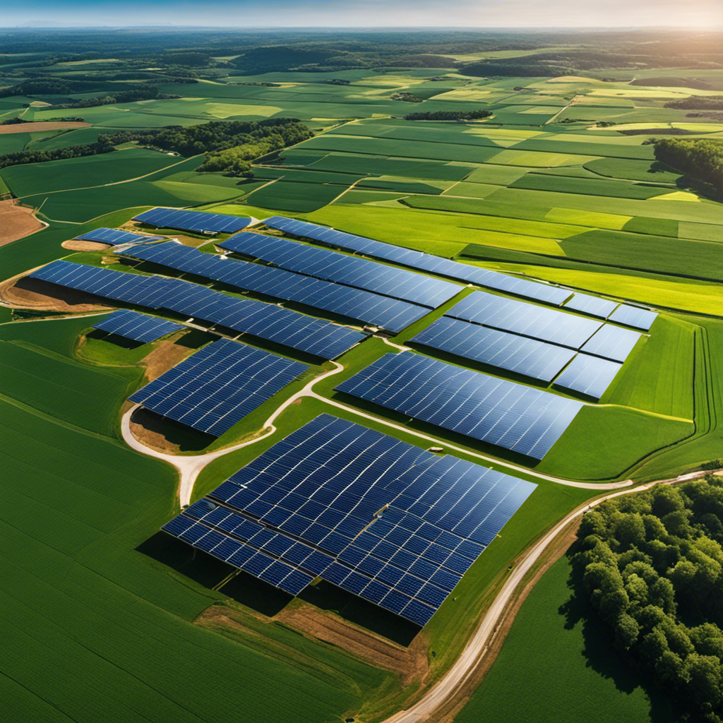 An image showcasing a sleek and futuristic solar farm with clean lines and cutting-edge technology, surrounded by vibrant green fields and under a clear blue sky