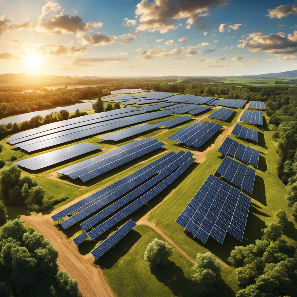 An image showcasing a bustling solar farm, with rows of sleek, high-tech solar panels glistening under the sun's rays