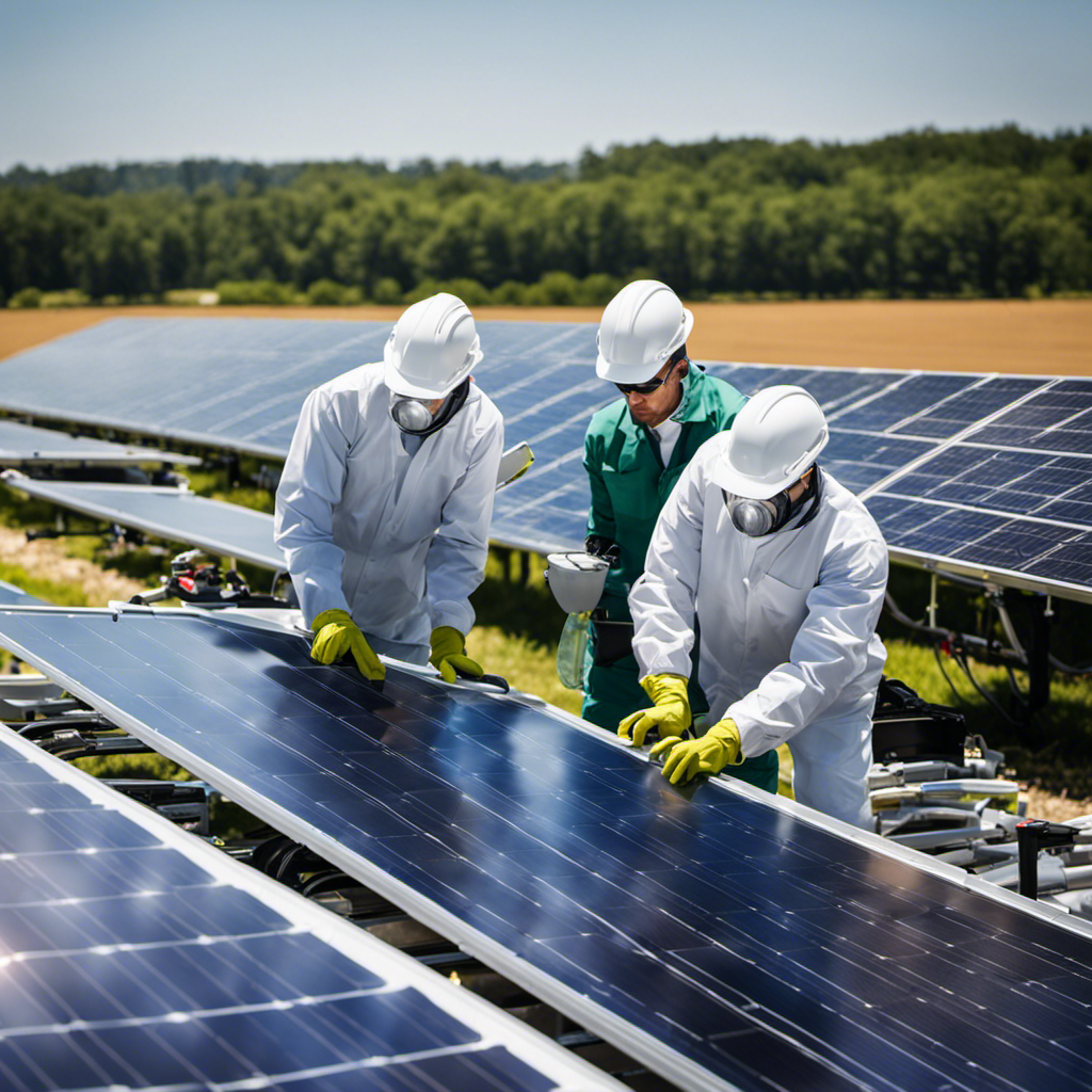An image showcasing a team of technicians in protective gear, inspecting rows of sleek, high-tech solar panels on a sunny day