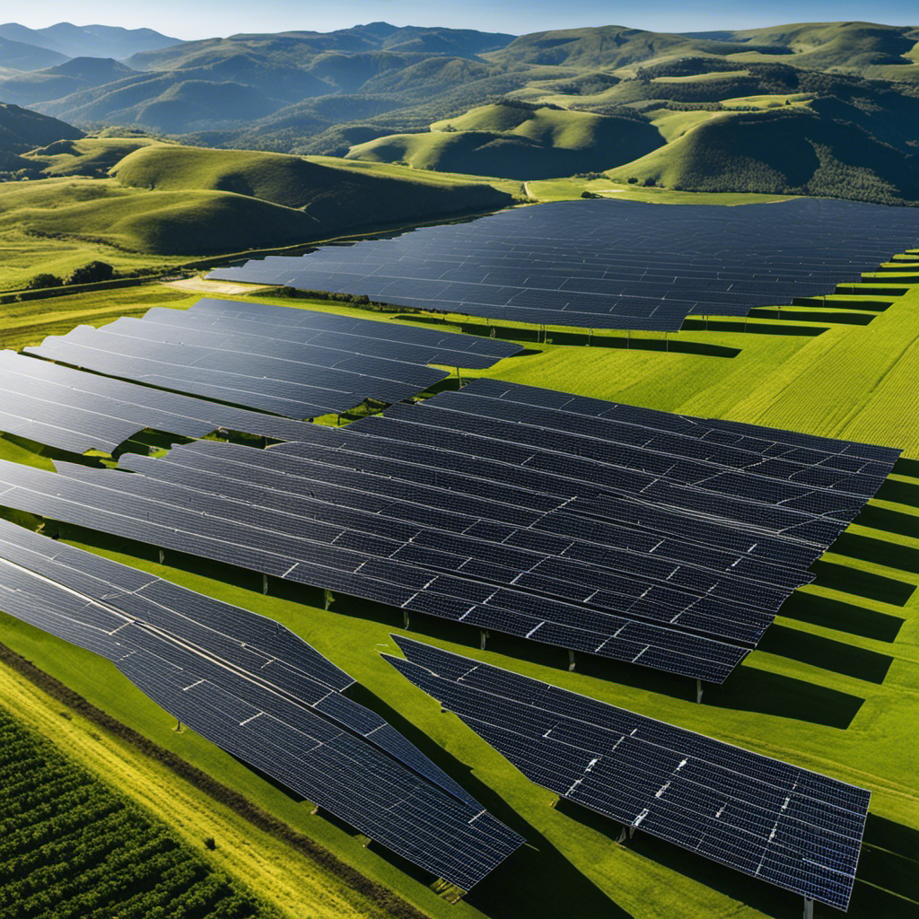 An image showcasing a vast solar farm with sleek, black photovoltaic panels neatly aligned in perfectly straight rows, set against a backdrop of rolling green hills and a clear blue sky