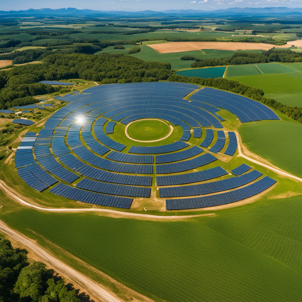 An image showcasing a vibrant solar farm with rows of glistening solar panels stretching towards the horizon, effortlessly harnessing the sun's energy