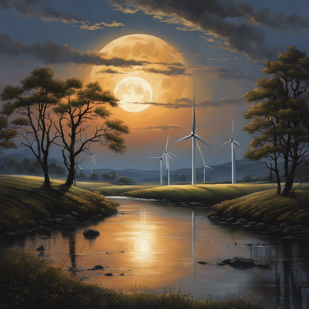 An image capturing the serene ambiance of a moonlit countryside, highlighting the presence of towering wind turbines gracefully rotating in the distance, while maintaining an emphasis on safety through the integration of subtle, yet visible, warning lights and reflective surfaces