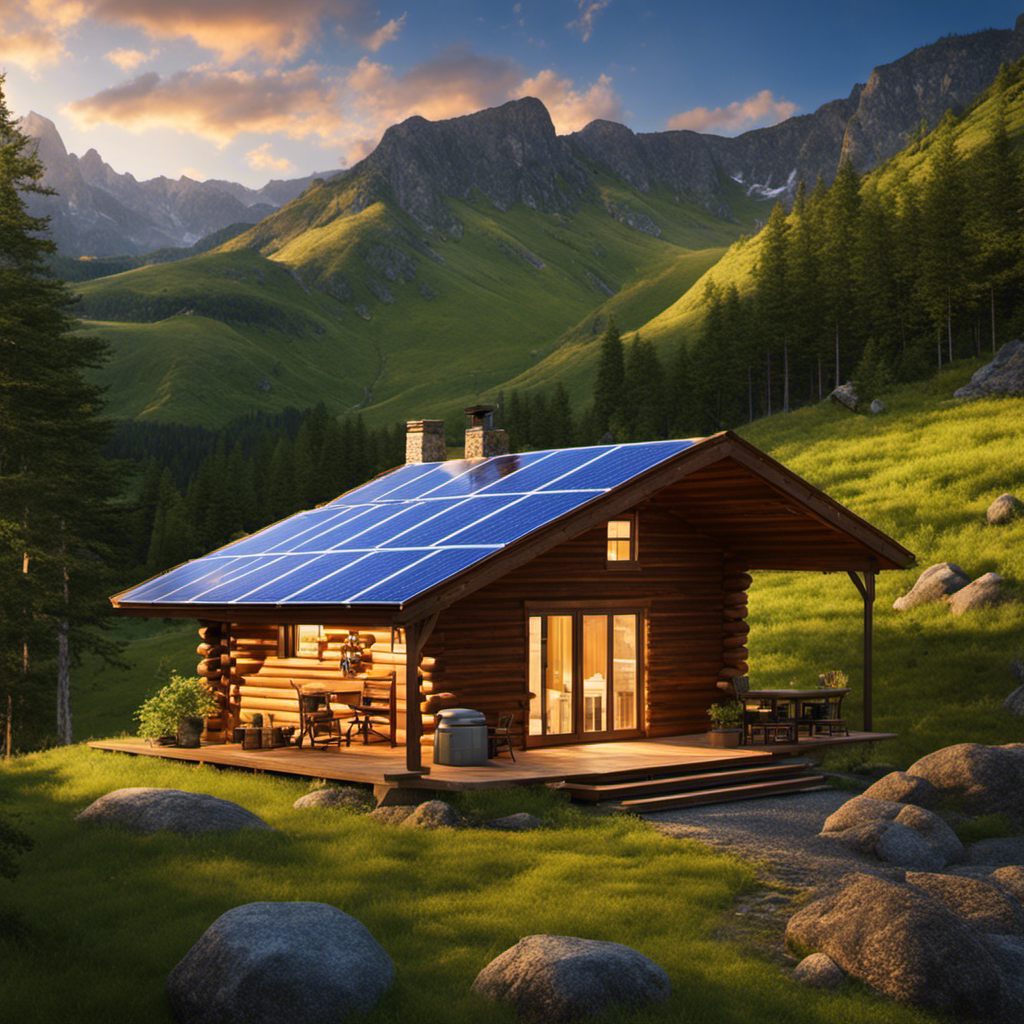 An image showcasing a solitary cabin nestled amidst lush green mountains, basking in the warm glow of sunlight
