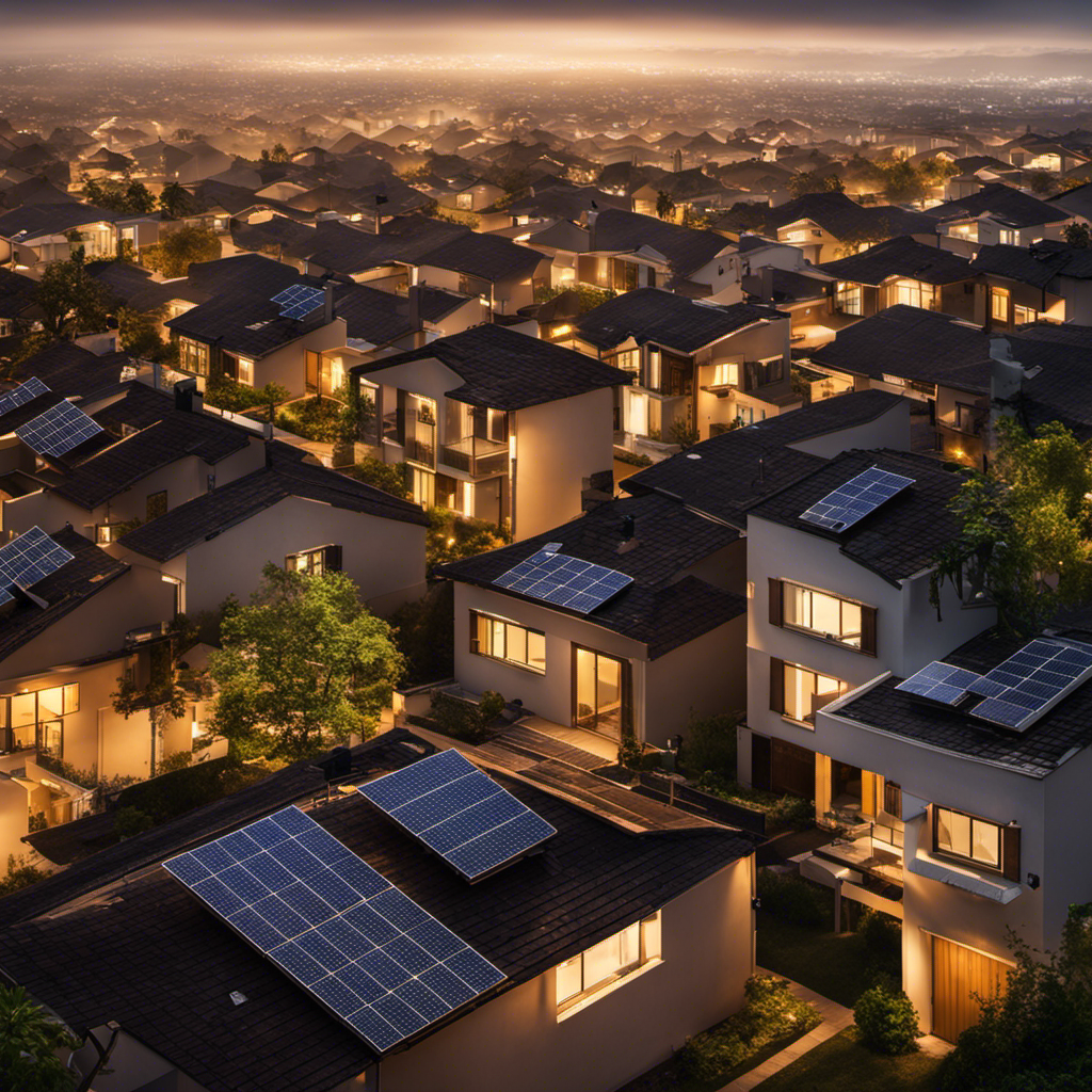 An image depicting a serene residential neighborhood with solar panels on every rooftop, contrasted by a single house left in darkness during a cloudy day, reminding us that solar energy is not always reliable