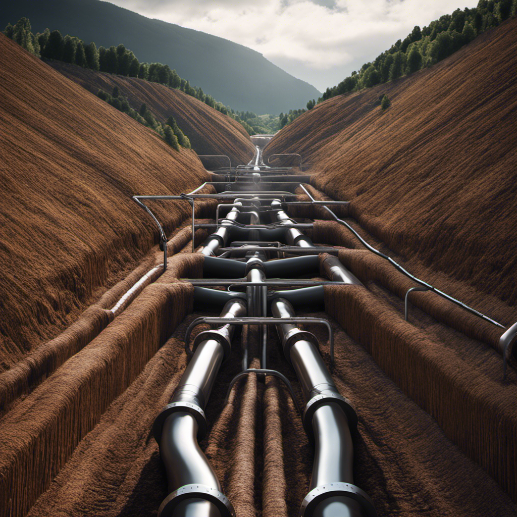 An image showcasing a vast underground network of pipes, snaking through the earth's layers, transporting geothermal heat energy