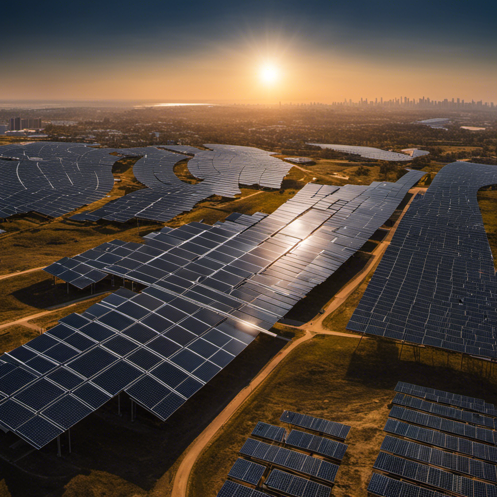 An image showcasing the vast expanse of solar panels stretching into the horizon, absorbing the sun's radiant energy