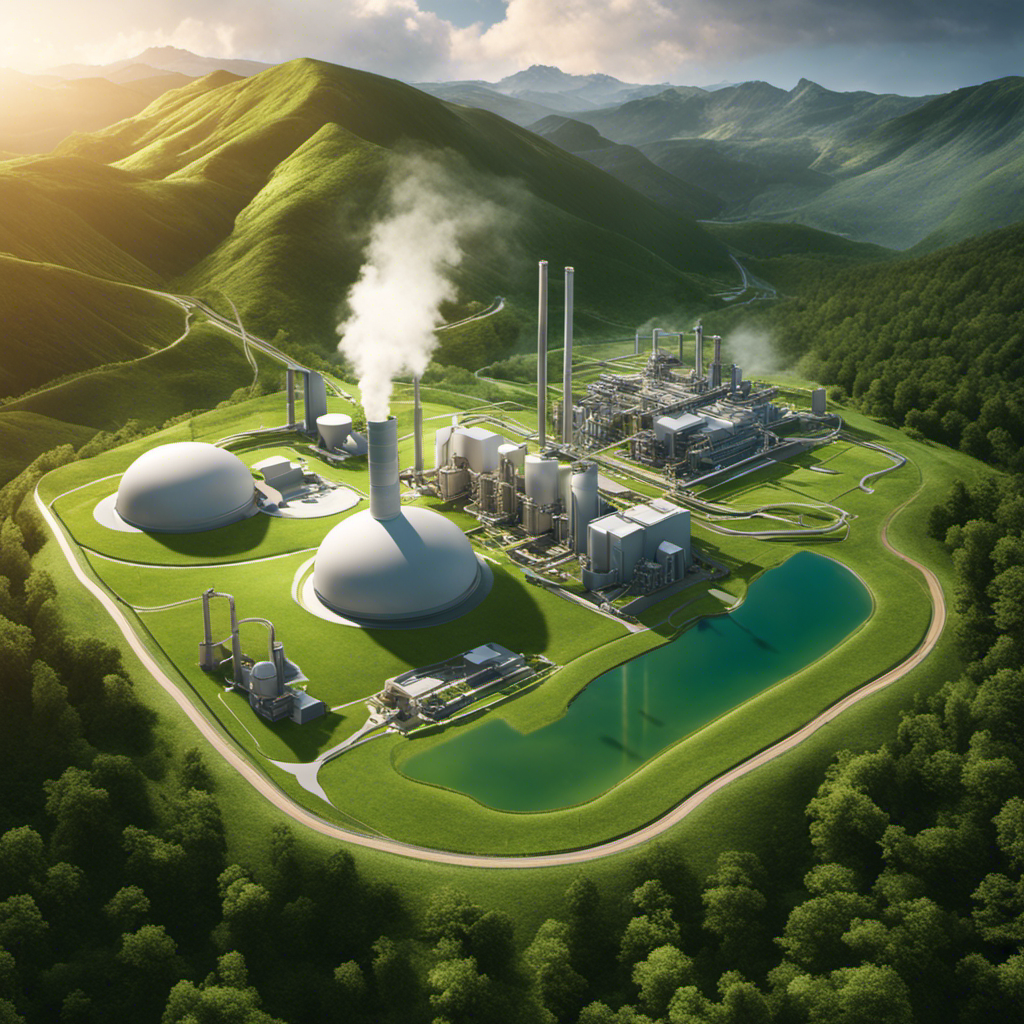 An image showcasing a modern geothermal power plant, nestled in a lush green landscape